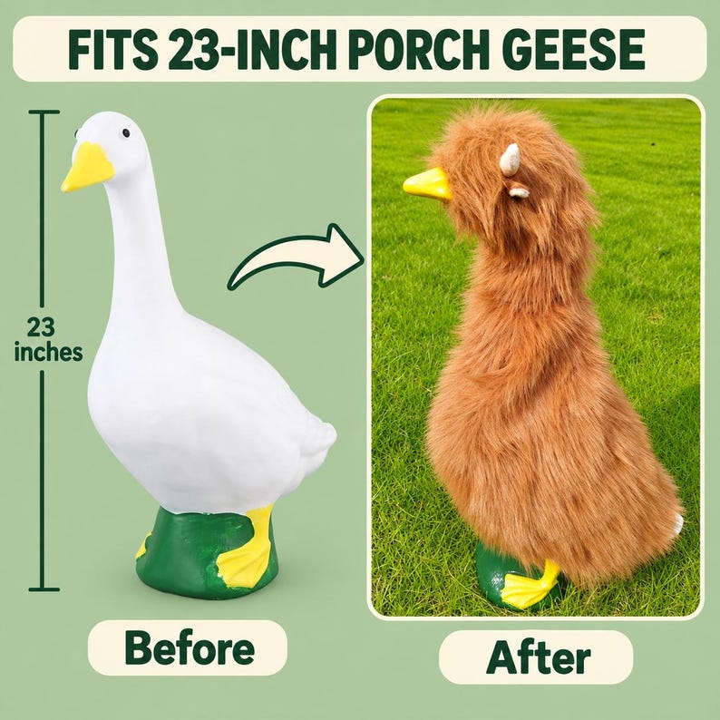 May include: A white plastic goose statue measuring 23 inches tall, shown before and after being covered by a brown faux fur costume. The costume features long brown hair and small horns, designed to fit over the standard 23-inch porch goose figure.