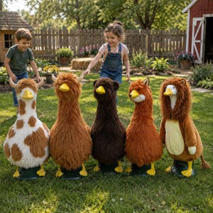 May include: A collection of five plush goose figurines standing on a lawn. The geese are dressed in costumes resembling a giraffe, a highland cow, a bear, a fox, and a lion, each featuring soft faux fur, yellow beaks, and yellow webbed feet.