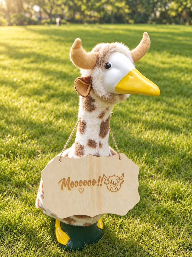 May include: A plush toy featuring a white and brown spotted giraffe-like body with a smooth white face, a yellow beak, and two tan horns. A light-colored wooden sign hangs from its neck, engraved with the text Moooooo!! and a cow illustration.
