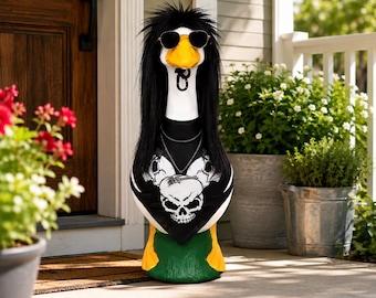 Goth Rock Star Goose Outfit, 23-Inch Porch Goose Clothes, Black Wig, Sunglasses, Skull Costume