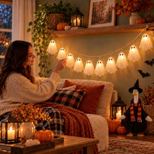 Halloween spooklichtslinger, spookkrans van pailletten of tule, 10 warmwitte LED's, werkt op batterijen, decoratie voor binnenfeestjes