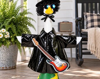 Rock Star Porch Goose Outfit, 23 Inch Goose Costume with Guitar, Top Hat, Curly Wig and Sunglasses