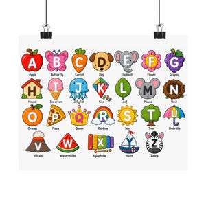 May include: An educational alphabet poster featuring colorful illustrations for each letter from A to Z, including an apple, butterfly, carrot, dog, elephant, flower, grapes, house, ice cream, jellyfish, kite, leaf, mouse, nest, orange, pizza, queen, rainbow, sun, tree, umbrella, volcano, watermelon, xylophone, yacht, and zebra.