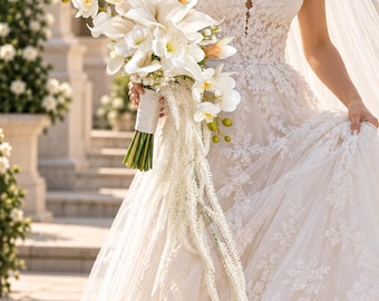 Wit waterval bruidsboeket, witte calla lelies en orchideeën als bruidsbloemen, elegant ivoorkleurig watervalboeket, luxe handgemaakt bruidsboeket