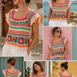 Crochet Colorful Granny Square Top Pattern PDF | Boho Summer Crochet Shirt | Women's Festival Crochet Top | Instant Download | DIY Crochet