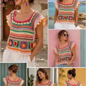Crochet Colorful Granny Square Top Pattern PDF | Boho Summer Crochet Shirt | Women's Festival Crochet Top | Instant Download | DIY Crochet