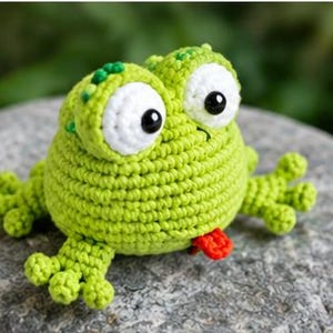 Könnte beinhalten: Ein kleiner, lindgrüner Häkelfrosch mit großen, runden weißen Augen und schwarzen Pupillen, texturierten Hautdetails und einer kleinen, leuchtend roten Zunge, die aus dem Mund ragt. Der Frosch hat vier gespreizte Füße mit ausgeprägten Zehen.
