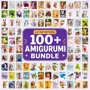 Könnte beinhalten: Eine Sammlung von 117 PDF-Anleitungen für gehäkelte Amigurumi-Spielzeuge, dargestellt als Raster aus kleinen Bildern um ein zentrales violettes Schild mit der Aufschrift 117 PDF PATTERNS 100+ AMIGURUMI BUNDLE und kleinen rosa Herzen.