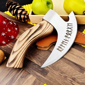 Hand Forged Viking Axe, Rosewood Handle, Pizza Cutter, Hatchet (Leather Sheath)