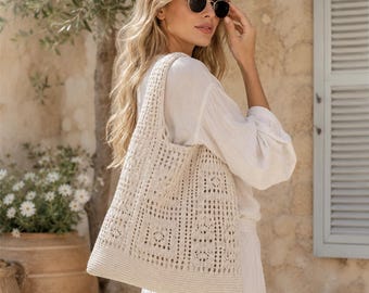 Crochet Shoulder Bag, Boho Knit Beach Tote, Openwork Summer Market Bag, Beige or Khaki Vacation Purse