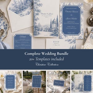 Może przedstawiać: Zestaw papeterii ślubnej z niebiesko-białymi wzorami toile de jouy. Kolekcja zawiera zaproszenia, karty RSVP i karty z detalami z elegancką typografią, ilustracjami krajobrazów, kwiatowymi obramowaniami i ozdobnymi ramkami.