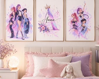 Gepersonaliseerde K-Pop meiden muurdecoratie set, poster met eigen naam en initialen, popster slaapkamerdecoratie, printbare kunst voor meisjes, set van 3 (digitale download)