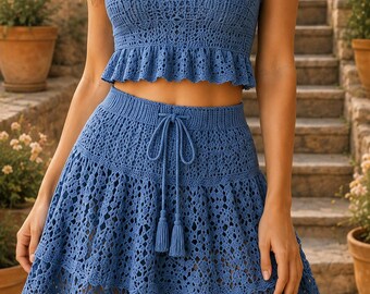 May include: A blue two-piece crochet set consisting of a cropped camisole top with thin straps and a ruffled hem, paired with a matching high-waisted mini skirt featuring a drawstring waist with tassels and a tiered, open-work lace pattern.