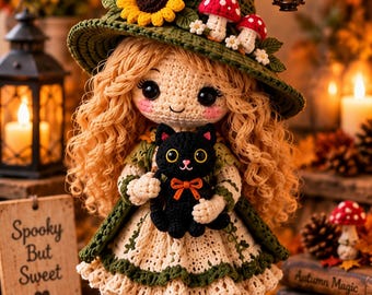 May include: A crocheted doll with curly ginger hair wearing a green pointed hat adorned with a sunflower and two red-and-white mushrooms. The doll wears a cream-colored dress with green trim and holds a small black cat with yellow eyes.