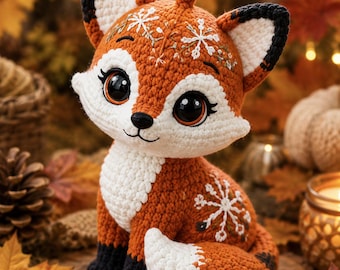 May include: A crocheted fox plush toy with orange, white, and black yarn. The fox features large dark eyes, black-tipped ears, and white chest fur. Intricate white snowflake embroidery patterns are stitched onto the forehead and the side of the body.