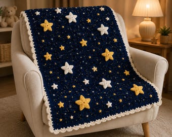 May include: A dark blue crochet blanket featuring a pattern of small yellow stars and several larger, three-dimensional white and yellow star appliqués. The blanket is finished with a scalloped white crochet border along all four edges.