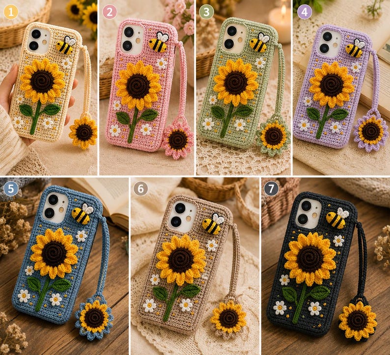 Op de afbeelding: Een collectie van zeven gehaakte telefoonhoesjes in diverse kleuren, elk voorzien van een grote gele zonnebloem, kleine witte bloemetjes, een groene steel en een bijtje. Elk hoesje bevat een bijpassend polsbandje met een zonnebloem.