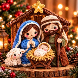 Pode incluir: Um presépio de crochê com figuras de Maria com véu azul, José com véu castanho e cajado, e um bebé enrolado numa manjedoura. Um pequeno cordeiro branco senta-se perto, tudo dentro de um estábulo de madeira com uma estrela amarela no topo.