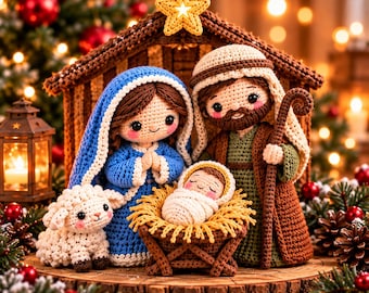 May include: A crochet nativity scene featuring figures of Mary in a blue head covering, Joseph with a brown head covering and staff, and a swaddled infant in a manger. A small white lamb sits nearby, all set within a wooden stable with a yellow star.