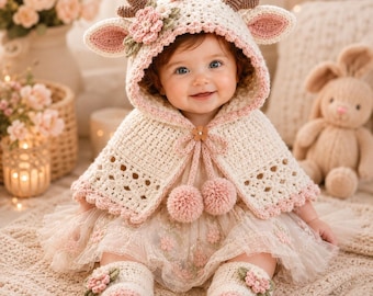 May include: A cream-colored crochet hooded cape featuring brown deer antlers, pink floral accents, and two pom-poms at the neck. The cape is worn over a light-colored dress with floral embroidery, paired with matching crochet booties adorned with pink flowers.
