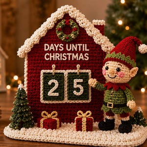 Virkmönster för julnedräkningshus i PDF-format | Amigurumi-tomtekalender för jultomten | Digital nedladdning av juldekorationer, nybörjarvänlig