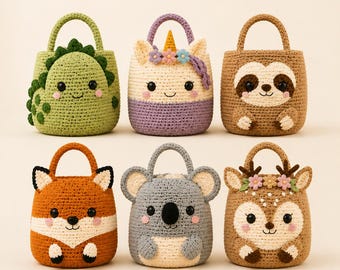 May include: Six crocheted baskets shaped like animals, including a green dinosaur, a purple unicorn, a brown sloth, an orange fox, a gray koala, and a tan deer. Each basket features a handle, embroidered facial details, and small decorative accents.