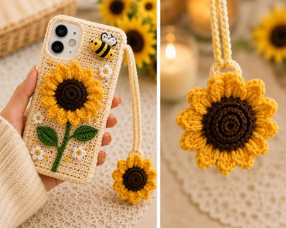 Sunflower Crochet Phone Case Pattern PDF | Floral Phone Cover | Bee & Daisy Case | Wrist Strap  Sunflower Charm | Digital Download