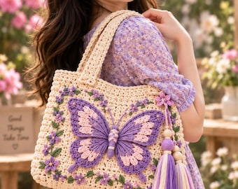 May include: A cream-colored crochet tote bag featuring a large, three-dimensional purple and pink butterfly appliqué at the center. The bag is decorated with embroidered green vines and small purple flowers, and includes a decorative tassel charm.