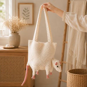 Puede incluir: Un bolso tote de ganchillo color crema con forma de zarigüeya. El bolso presenta un cuerpo texturizado, cuatro patas pequeñas con detalles en rosa, una cola larga de color rosa y una cabeza puntiaguda con ojos negros y orejas rosas.