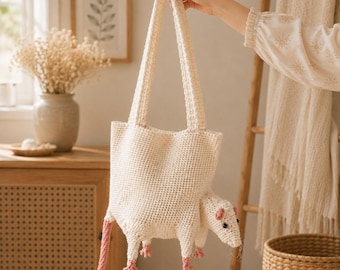 May include: A cream-colored crochet tote bag shaped like an opossum. The bag features a textured body, four small legs with pink accents, a long pink tail, and a pointed head with black eyes and pink ears. It has two long handles for carrying.