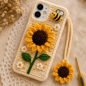 Op de afbeelding: Een beige gehaakt telefoonhoesje met een grote driedimensionale zonnebloem met een donkerbruin hart en gele bloemblaadjes, een kleine geel-zwarte bij en diverse kleine witte bloemetjes. Een bijpassende zonnebloemhanger hangt aan een beige polsbandje.