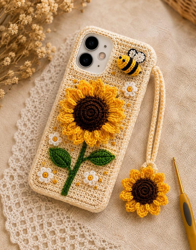 Op de afbeelding: Een beige gehaakt telefoonhoesje met een grote driedimensionale zonnebloem met een donkerbruin hart en gele bloemblaadjes, een kleine geel-zwarte bij en diverse kleine witte bloemetjes. Een bijpassende zonnebloemhanger hangt aan een beige polsbandje.