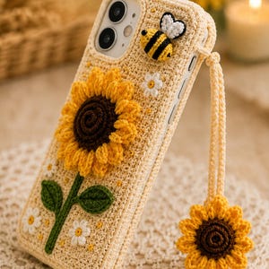 Op de afbeelding: Een cr&egrave;mekleurig gehaakt telefoonhoesje met een grote, textuurrijke zonnebloem met een donkerbruin hart en gele blaadjes, een kleine bijenapplicatie en diverse kleine witte bloemetjes. Een bijpassende zonnebloemhanger hangt aan een gevlochten koord.