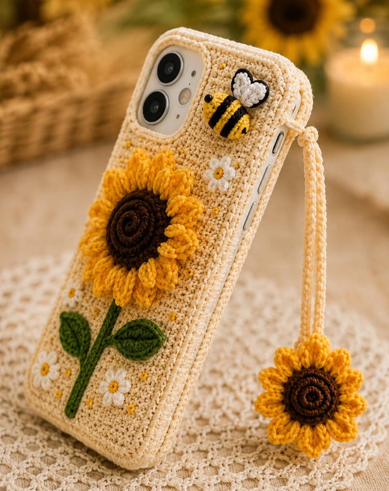 Op de afbeelding: Een cr&egrave;mekleurig gehaakt telefoonhoesje met een grote, textuurrijke zonnebloem met een donkerbruin hart en gele blaadjes, een kleine bijenapplicatie en diverse kleine witte bloemetjes. Een bijpassende zonnebloemhanger hangt aan een gevlochten koord.