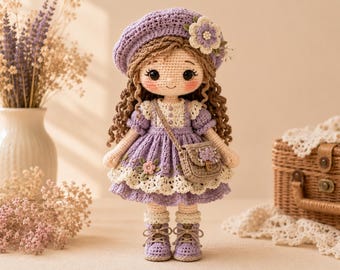 May include: A handcrafted crochet doll with long brown curly hair, wearing a lavender beret with a flower accent, a matching lavender dress with white lace trim, a small crossbody bag, and lavender lace-up boots with white socks.
