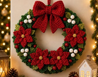 May include: A round crochet Christmas wreath featuring a large red yarn bow at the top, dark green foliage, bright red poinsettia flowers with yellow centers, clusters of small white berries, and scattered red beads, suspended by a red yarn loop.