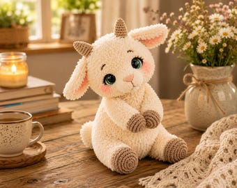 May include: A cream-colored plush goat toy with a soft, fuzzy texture, featuring two small brown horns, large expressive green eyes, pink cheeks, and brown hooves. The stuffed animal is sitting in an upright position, showcasing detailed crochet work on the hooves and horns, with a gentle, rounded body shape and floppy ears.