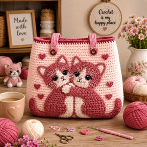 May include: A light pink crochet tote bag featuring two dark pink and white kittens hugging on the front, accented with small dark pink hearts and two sturdy handles attached with metal grommets. The bag has a textured, hand-stitched appearance.
