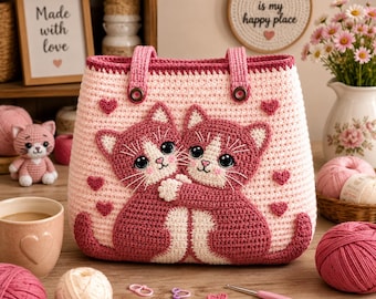 May include: A light pink crochet tote bag featuring two dark pink and white kittens hugging on the front, accented with small dark pink hearts and two sturdy handles attached with metal grommets. The bag has a textured, hand-stitched appearance.
