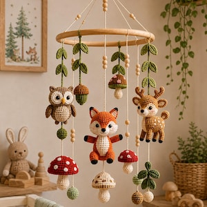 Virkmönster med skogsdjur i PDF-format, Amigurumi-mönster för babymobil med räv och uggla, DIY-handledning för barnkammaren, babyshowerpresent till skogen