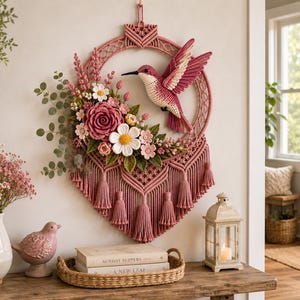 May include: A circular macrame wall hanging in dusty rose featuring a crocheted hummingbird, a cluster of crocheted flowers including roses and daisies, and green leaves. The piece includes intricate knotting, hanging fringe, and tassels.