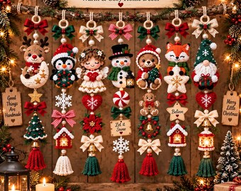 May include: A rustic wall display featuring eight hanging crochet ornaments suspended from a wooden branch. The ornaments include a reindeer, penguin, angel, snowman, bear, fox, and gnome, accented with bows, bells, stars, and tassels.