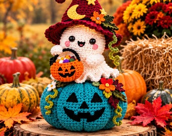 May include: A crocheted white ghost wearing a maroon witch hat with a yellow moon and star, holding an orange jack-o'-lantern candy bucket. The ghost sits atop a large teal crocheted pumpkin with a black felt jack-o'-lantern face and floral accents.