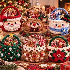 Virkat julkorgmönster, 6 julkorgdesigner, jultomte, ren, snögubbe, julstjärna, pepparkaksjulstjärna PDF