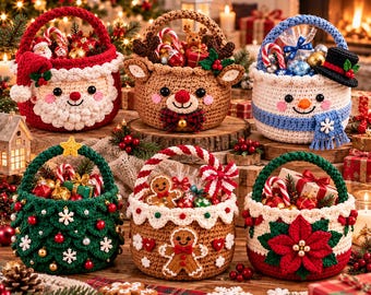 May include: Six round, crocheted holiday baskets featuring festive designs including Santa Claus, a reindeer, a snowman, a Christmas tree, a gingerbread person, and a poinsettia, all filled with various small wrapped gifts and candy canes.