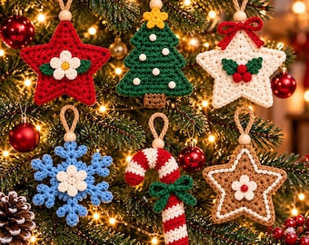 May include: A set of six crocheted Christmas ornaments including a red star with a white flower, a green tree with white dots, a white star with holly, a blue snowflake, a red and white candy cane, and a brown star with a white flower.
