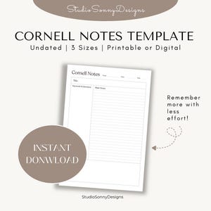 Może przedstawiać: Szablon notatek Cornell z sekcjami na tytuł, imię, klasę, datę, słowa kluczowe, pytania i główne notatki. Tekst zawiera StudioSonnyDesigns, CORNELL NOTES TEMPLATE, Undated, 3 Sizes, Printable or Digital, INSTANT DONWLOAD oraz Remember more with less effort!