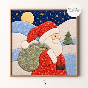May include: A Kinuisaiga pattern wall art piece featuring a stylized Santa Claus in a red suit with gold stars, carrying a green sack with holly and berry prints. The scene includes a yellow moon, a dark blue starry sky, and snowy hills.