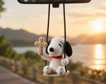 Ręcznie robiona na szydełku ozdoba samochodowa Faith Snoopy, uroczy wisiorek na lusterko wsteczne, dekoracja samochodowa Amigurumi, prezent urodzinowy na Boże Narodzenie, uroczy prezent