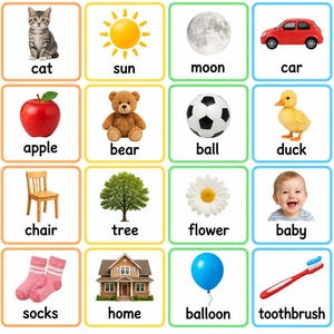 May include: A grid of twenty-four educational flashcards featuring colourful illustrations of a dog, cat, sun, moon, car, cup, banana, apple, bear, ball, duck, bed, spoon, chair, tree, flower, baby, book, milk, socks, home, balloon, toothbrush, and star.